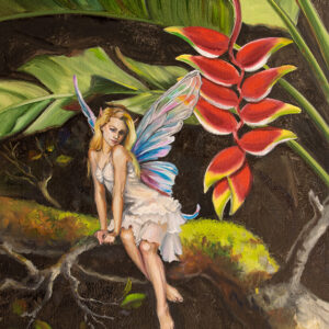 a digital photograph of a painting of a fairy with a heliconia plant.