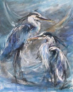 An acrylic Painting of two great blue herons by Tracy Owen Cullimore