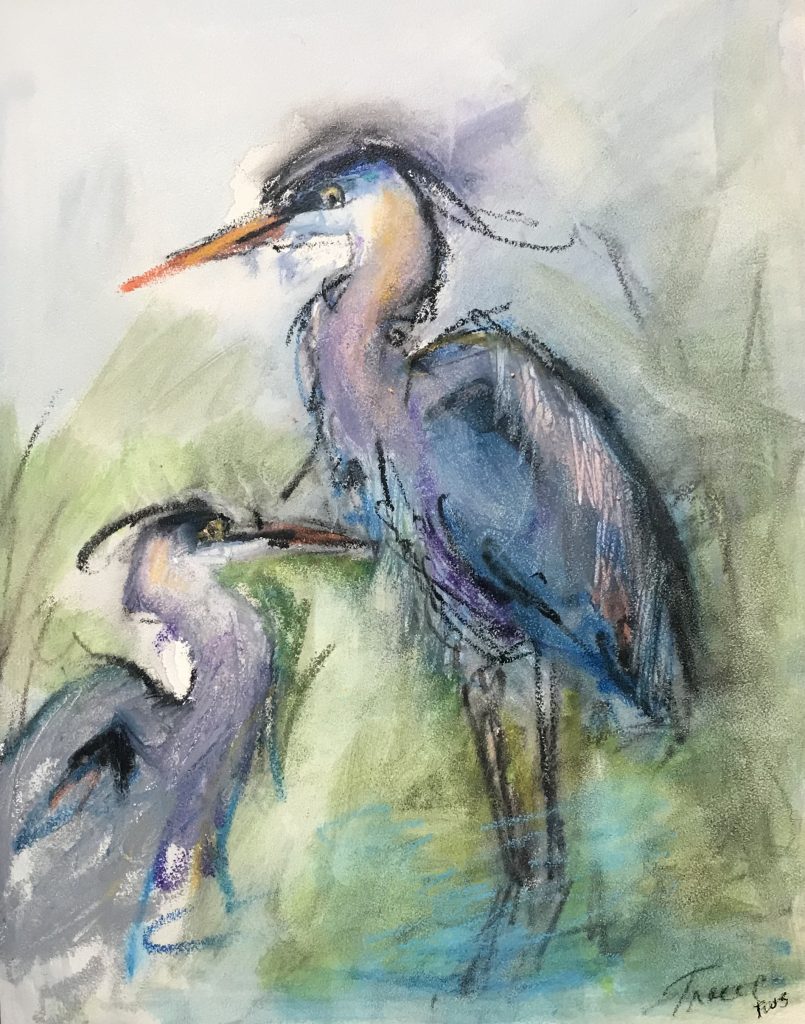 A painting of two blue herons by Tracy Owen Cullimore