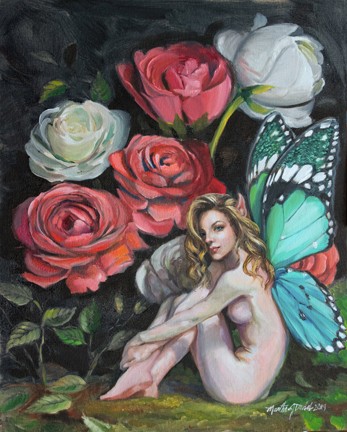 an oil painting by Martha Dodd of a fairy with butterfly wings and a bouquet of roses.