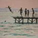 A digital Photo of an oil painting depicting children swimming and diving in the lake of geneva, Switzerland, by Martha JDodd