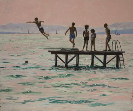 A digital Photo of an oil painting depicting children swimming and diving in the lake of geneva, Switzerland, by Martha JDodd
