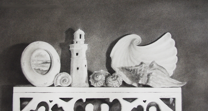 Tuttle Circles & Spirals, graphite and charcoal drawing of nautical knickknacks and shells on shelf,Hiride Girdie Gallery