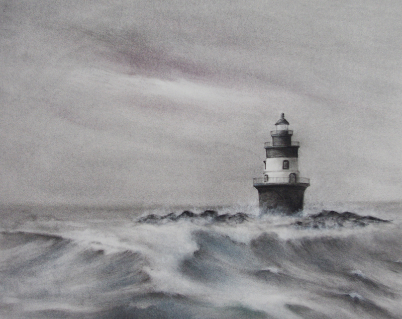 Tuttle Memories of the North Shore, charcoal and graphite drawing of a lighthouse surrounded by rough breaking waves, Hirdie Girdie Gallery