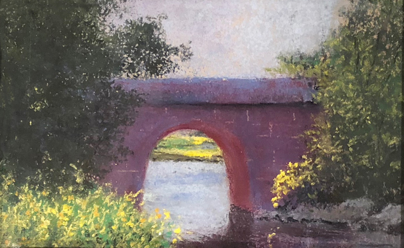 Tuttle, The Old Railroad Bridge, pastel painting of an old brick railroad bridge,Hirdie Girdie Gallery