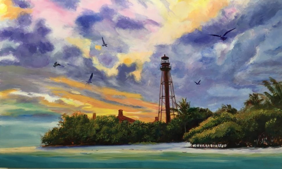 painting of a lighthouse on sanibel island at sunset