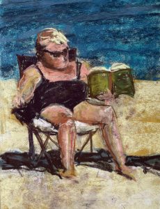 Woman in bathing suit reading a book, by artist Suzanne Bennett