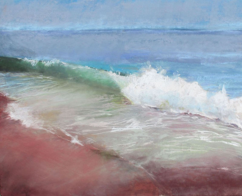 A foamy white wave crashing on a red beach. By artist Suzanne Bennett.