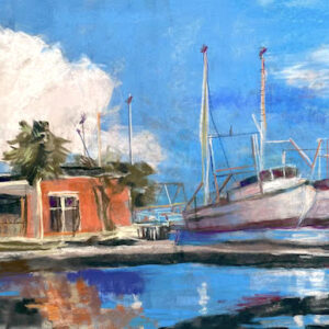 pastel painting of shrimp boats with a coral colored house by Suzanne Benett