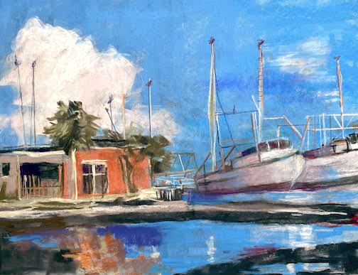 pastel painting of shrimp boats with a coral colored house by Suzanne Benett