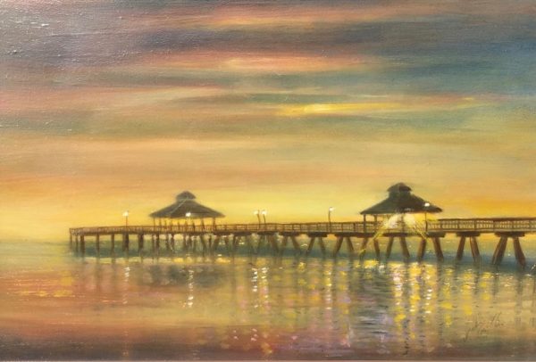 painting of the Fort Myers pier at sunset by Julie Griffin