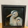 a painting of a head shot of a great blue heron, with a black background and a black floating frame by martha dodd