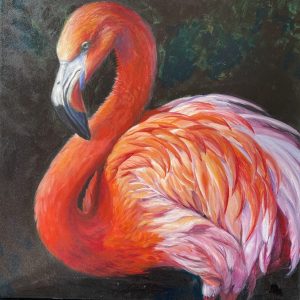 a painting of a pink flamingo with a black background