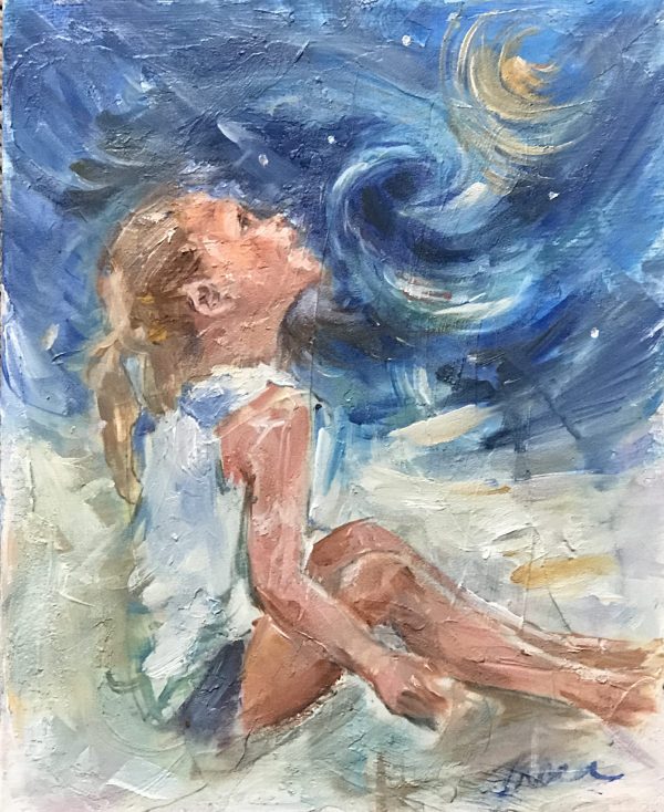 starry night sky with a girl on the beach by tracy owen cullimore