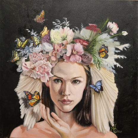 Painting of the Butterfly queen by martha dodd. Black background with a woman wearing a crown of flowers and butterflies