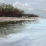 beach scene with trees recflected int he water pastel painting by suzanne bennett