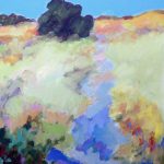 landscape painting by anita putnam with yellow grass and blue shadows