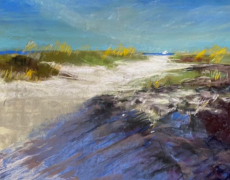 Pastel painting entitled beach walk by Suzanne bennett