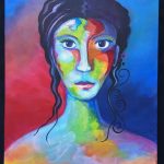 a painting of a woman's face with bright colors by Diane Ripoll