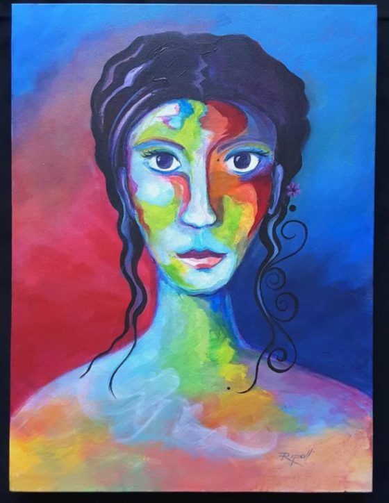 a painting of a woman's face with bright colors by Diane Ripoll