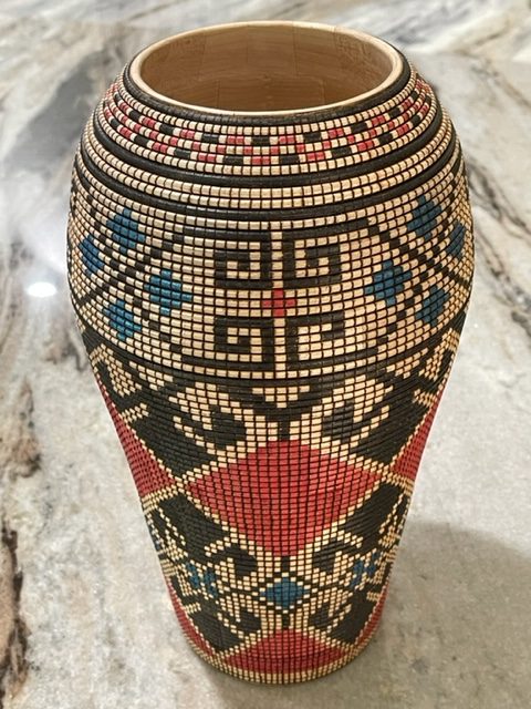 wood urn with red diamond shapes by john beall