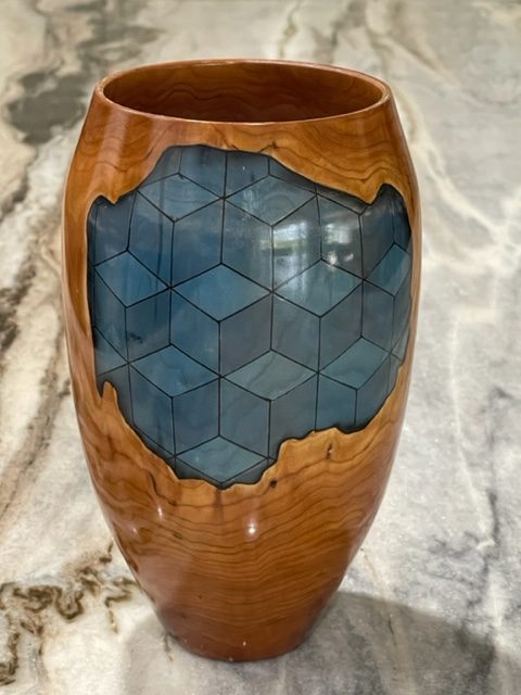 wood urn with blue cubes by john beall