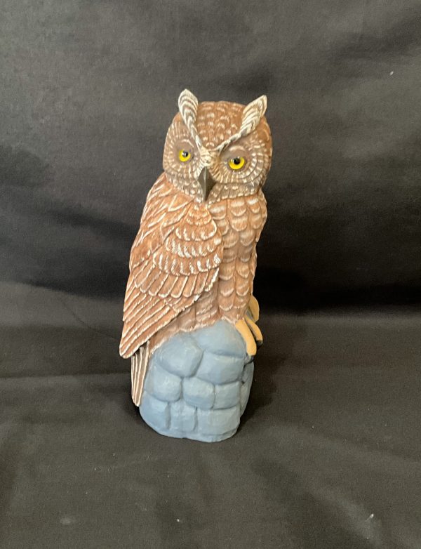 Hand carve Wood sculpture of Horned Owl by kay stammers