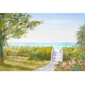 a watercolor painting of a walkway leading to the beach by keith johnson