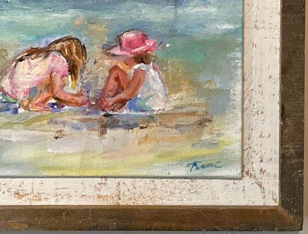 painting of two little girls squatting down on the beach by tracy owen cullimore