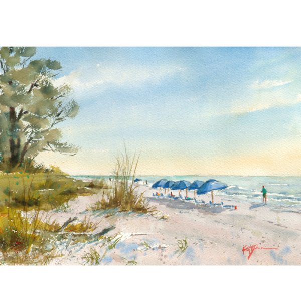 watercolor painting of the beach with a row of blue umbrellas.