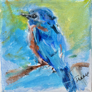 painting of a bluebird with a blue and green background by tracy owen cullimore