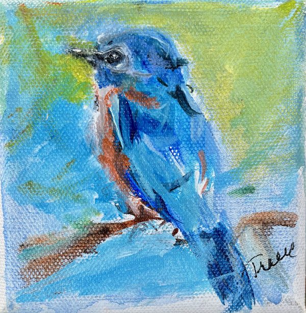 painting of a bluebird with a blue and green background by tracy owen cullimore