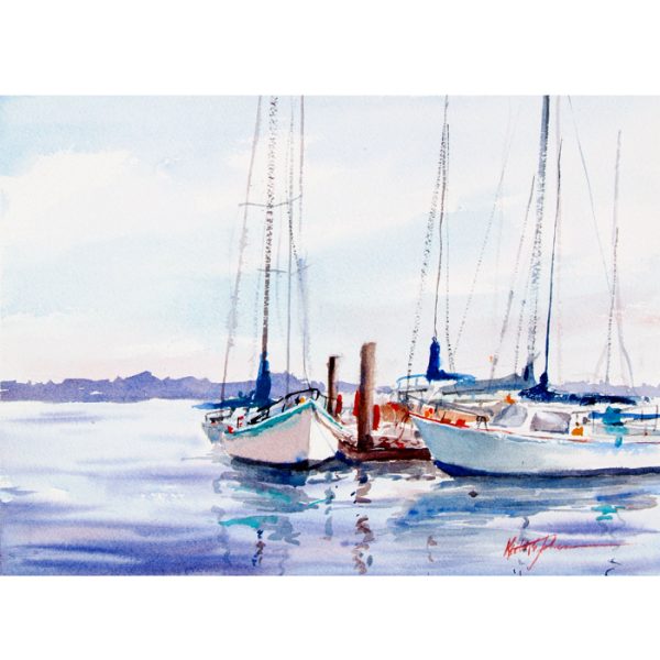 a watercolor painting of sailboats at a dock by keith johnson