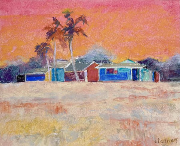 A pastel painting by suzanne bennett of colorful houses with palms and a peach sky