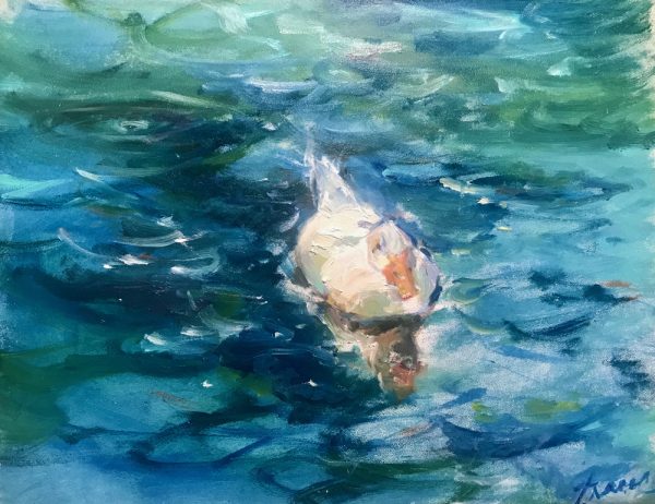 painting of a white duck swimming by tracy owen cullimore