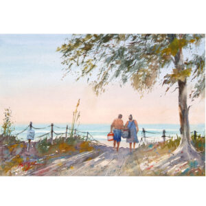watercolor painting of a couple walking to the end of the road toward the beach by keith johnson