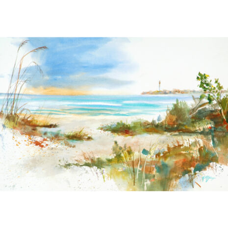 watercolor painting showing the beach view from the sanibel causeway, with the lighthouse in the distance by keith johnson
