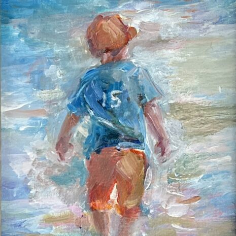 a painting of a little boy wearing a Gator t shirt on the beach by tracy owen cullimore