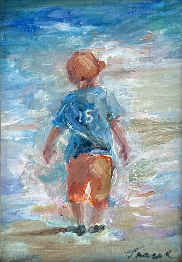 a painting of a little boy wearing a Gator t shirt on the beach by tracy owen cullimore