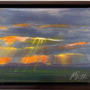 painting of sun rays coming through dark clouds over the ocean, by Julie griffin