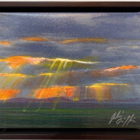 painting of sun rays coming through dark clouds over the ocean, by Julie griffin