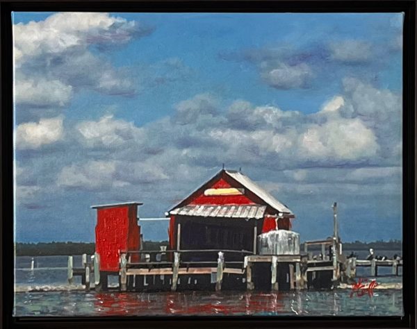 an enhanced giclèe of a red shack on the water by Julie Griffin