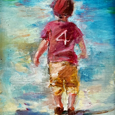 a painting of a little boy on the beach wearing a Seminole shirt by tracy owen cullimore