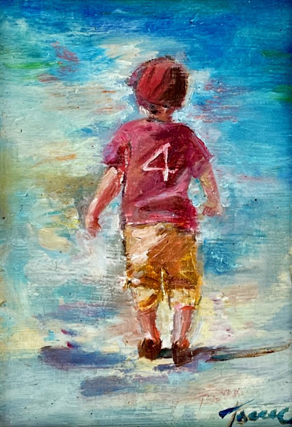 a painting of a little boy on the beach wearing a Seminole shirt by tracy owen cullimore