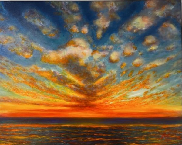 Love that sunset by julie griffin. a painting of a sunset with lots of reds and yellows.