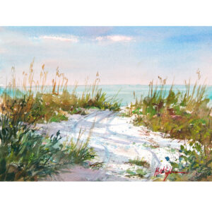 watercolor painting of sanddunes with a path leading to the beach by keith johnson