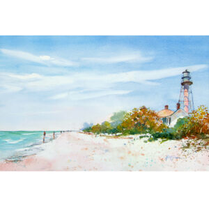 watercolor painting of the beach by the sanibel lighthouse by keith johnson