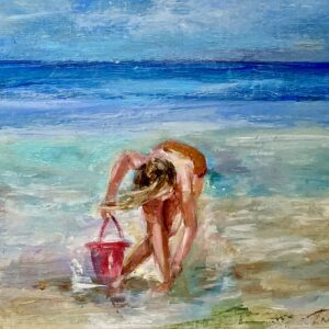 a painting of a woman in a red bathing suit reaching for a seashell on the beach by tracy owen cullimore