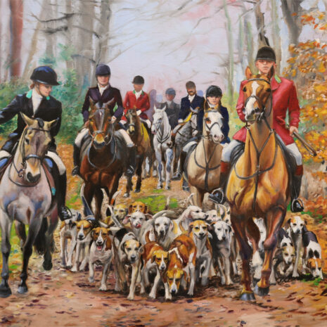 a painting of a group of horses, riders, and hounds heading down a forest path