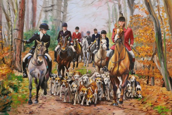 a painting of a group of horses, riders, and hounds heading down a forest path